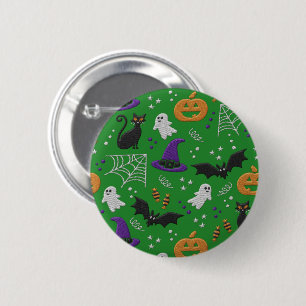 Macaron Rond 5 Cm Chats noirs Fantômes chauves-souris Motif vert Hal