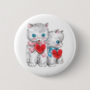 Macaron Rond 5 Cm Chats Rétro de la Saint-Valentin, Chatons Fluffy V