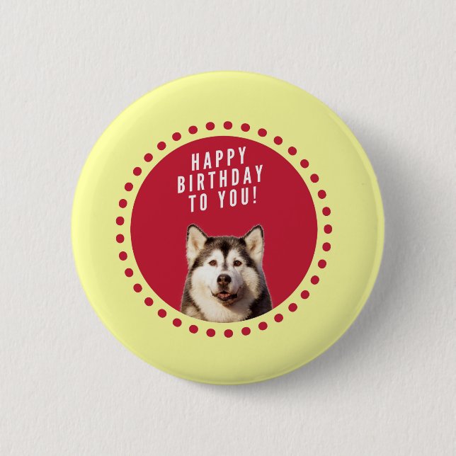 Macaron Rond 5 Cm Chatte Sibérien Husky Chien Joyeux Anniversaire (Devant)