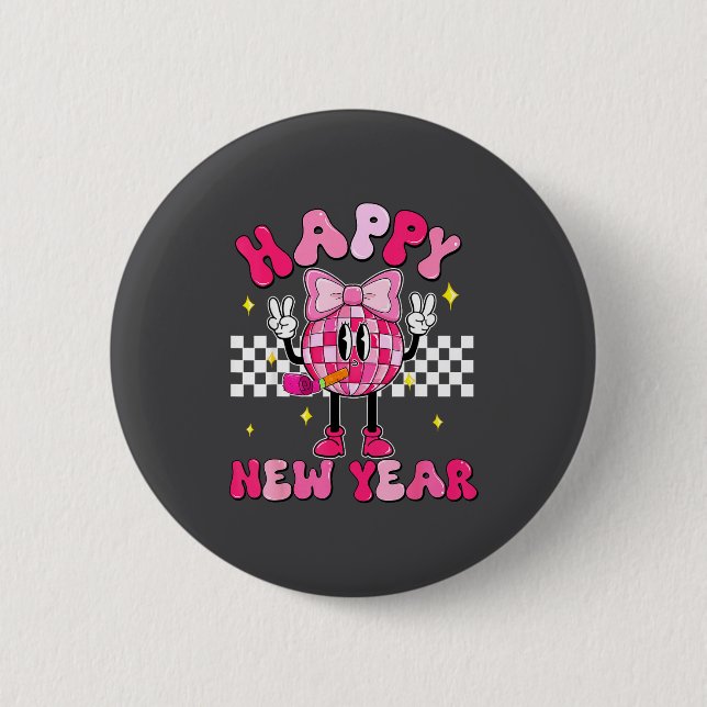 Macaron Rond 5 Cm Checkered Happy New Year 2026 Disco Ball New Year  (Devant)