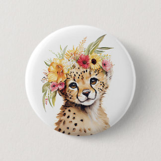 Macaron Rond 5 Cm Cheetah Flower Crown Art Aquarelle Safari Wild
