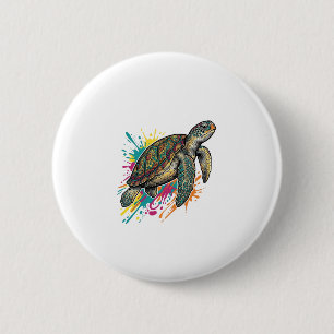 Macaron Rond 5 Cm Chemise Vintage Gravure Tortue de Mer Couleur Spla