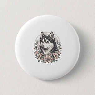 Macaron Rond 5 Cm Chemise vintage Husky Floral Portrait Design_1