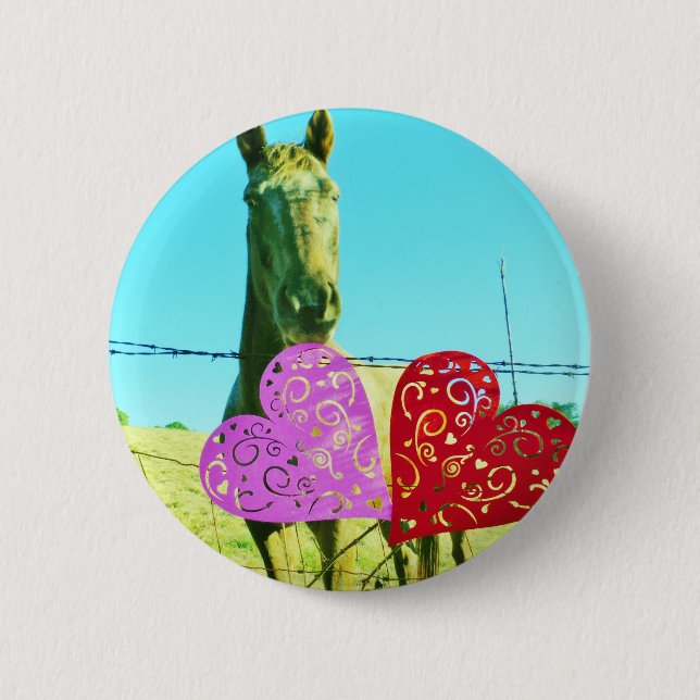 Macaron Rond 5 Cm Cheval blond et Coeurs rose et rouge (Devant)