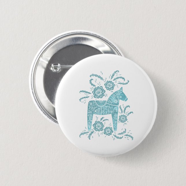 Macaron Rond 5 Cm Cheval de Dala suédois Bouton Turquoise et blanc (Devant & derrière)