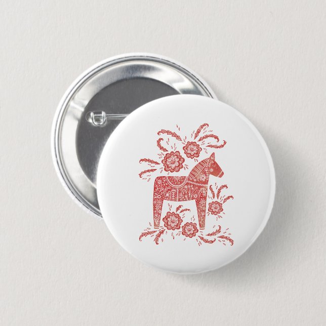 Macaron Rond 5 Cm Cheval de Dala suédois Rouge et blanc (Devant & derrière)