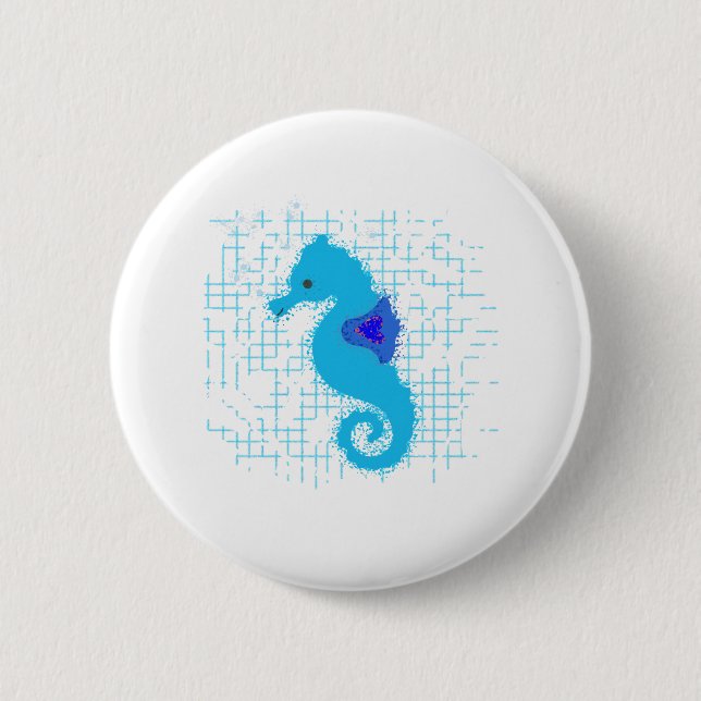 Macaron Rond 5 Cm Cheval De Mer Bleu Sur Un Arrière - plan En Perte (Devant)