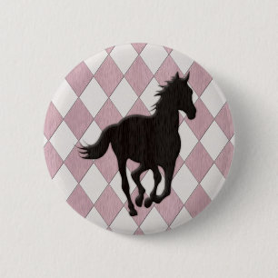 Macaron Rond 5 Cm Cheval noir sur le motif blanc rose de diamant