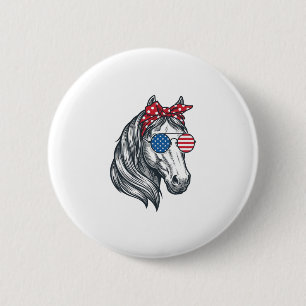 Macaron Rond 5 Cm Cheval Patriotique Avec Lunettes De Soleil Drapeau
