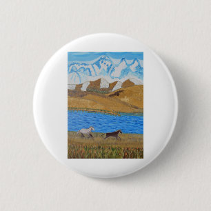 Macaron Rond 5 Cm Chevaux courant dans les montagnes