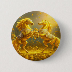 Macaron Rond 5 Cm Chevaux dorés majestueux dansant dans un coucher d
