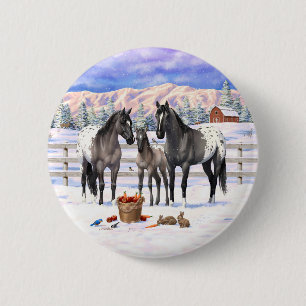 Macaron Rond 5 Cm Chevaux Grulla Grey Appaloosa Sur Une Ferme À Neig