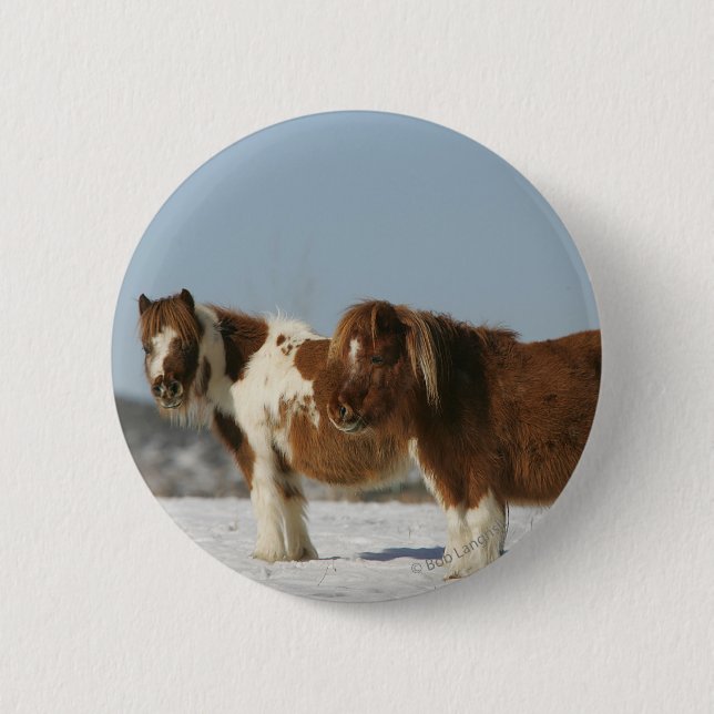 Macaron Rond 5 Cm Chevaux miniatures se tenant dans la neige (Devant)