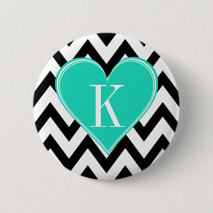 Macaron Rond 5 Cm Chevron noir et blanc avec le monogramme turquoise