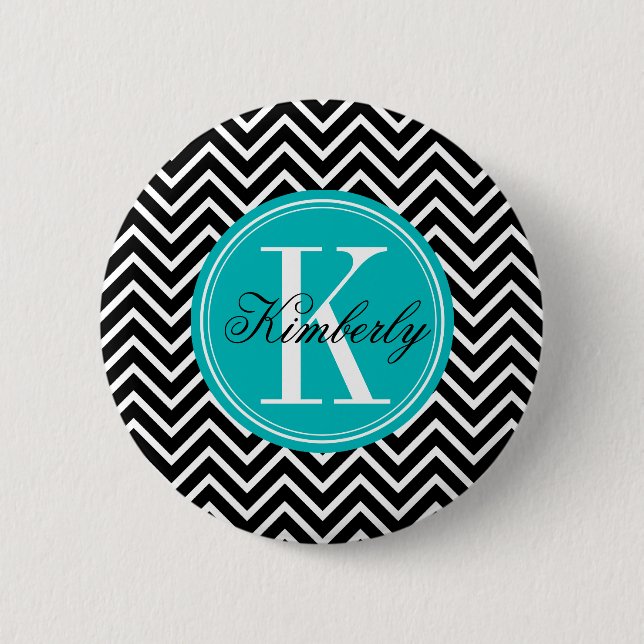 Macaron Rond 5 Cm Chevron noir et blanc avec le monogramme turquoise (Devant)