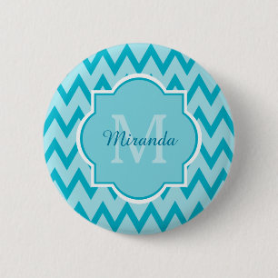 Macaron Rond 5 Cm Chevron Zigzag Nom et Monogramme tendance Turquois