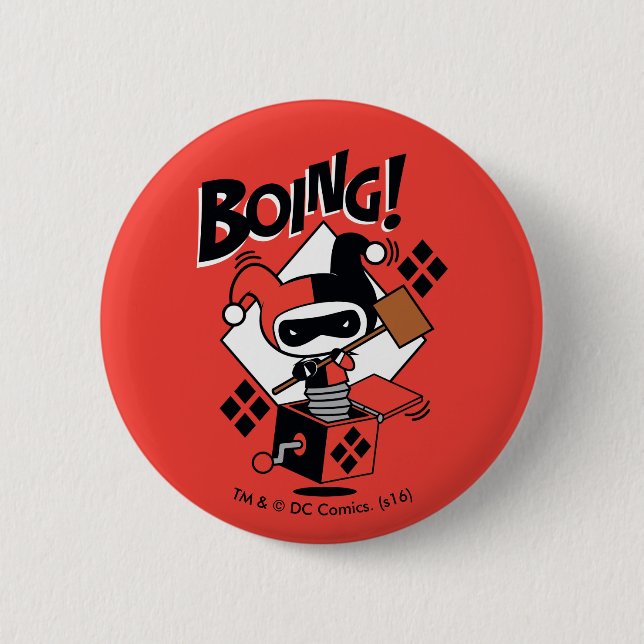 Macaron Rond 5 Cm Chibi Harley-Quinn-In-A-Box Avec Marteau (Devant)