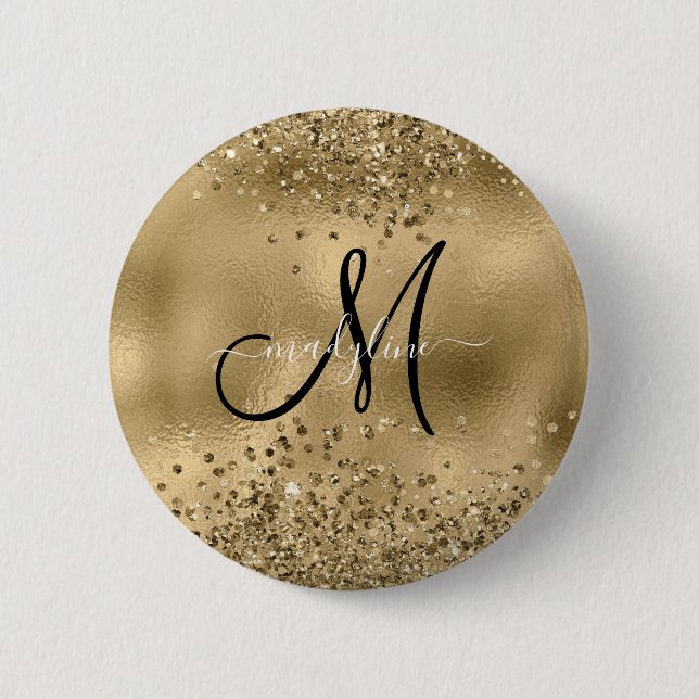 Macaron Rond 5 Cm Chic Black Gold Parties scintillant Nom du monogra (Devant)