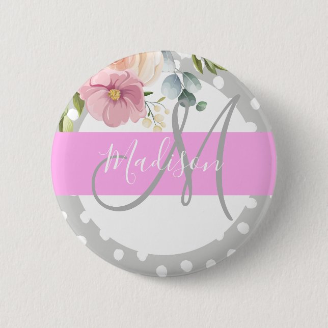 Macaron Rond 5 Cm Chic & Girl Floral Blanc rose Gris Nom (Devant)