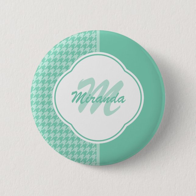Macaron Rond 5 Cm Chic Mint Green Houndstooth avec Monogramme et nom (Devant)