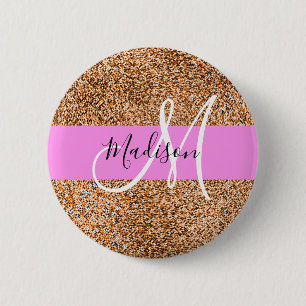 Macaron Rond 5 Cm Chic Rose & Citrouille Paillettes Monogramme Nom