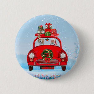Macaron Rond 5 Cm Chien beagle En Voiture Avec Le Père Noël
