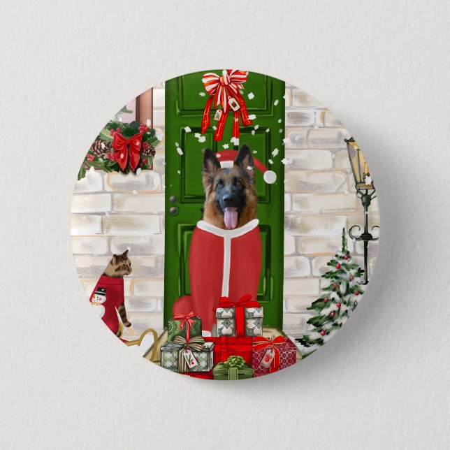 Macaron Rond 5 Cm Chien berger allemand Noël (Devant)