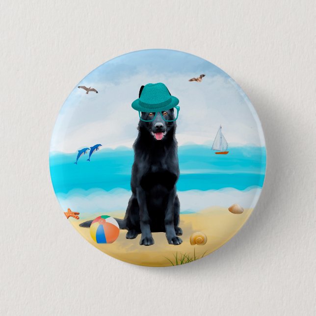 Macaron Rond 5 Cm Chien berger allemand noir sur la plage (Devant)