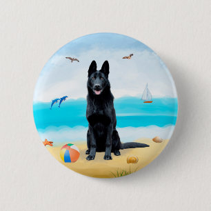 Macaron Rond 5 Cm Chien berger allemand noir sur la plage