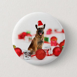 Macaron Rond 5 Cm Chien berger allemand w Cadeaux de Noël Santa Hat