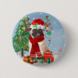 Macaron Rond 5 Cm Chien carlin en neige avec cadeaux de Noël