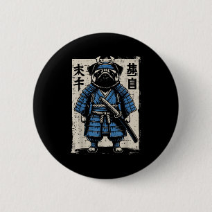 Macaron Rond 5 Cm Chien Carlin Samurai Funny Japonais Guerrier Art H