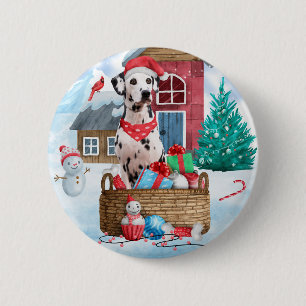 Macaron Rond 5 Cm Chien dalmate dans la neige Maison de chien de Noë