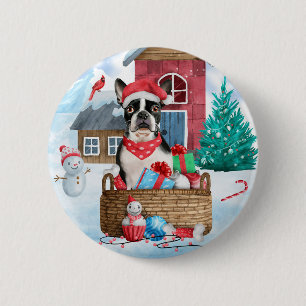 Macaron Rond 5 Cm Chien de Boston Terrier dans la neige Maison de Ch