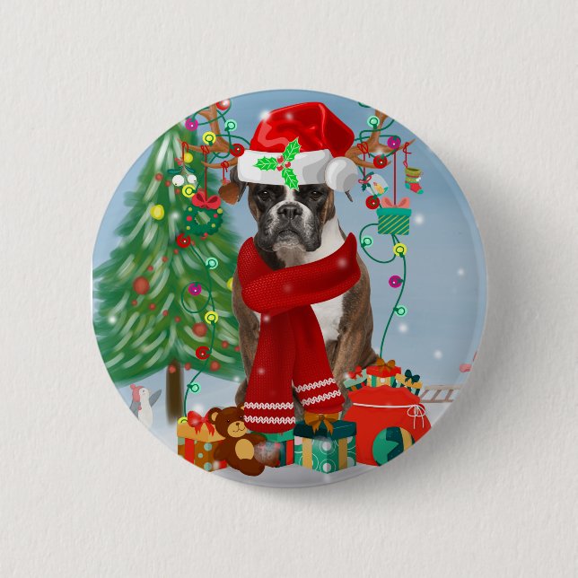 Macaron Rond 5 Cm Chien de boxe en neige avec cadeaux de Noël (Devant)
