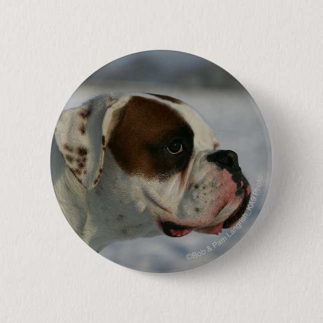 Macaron Rond 5 Cm Chien de boxeur dans la neige (Devant)