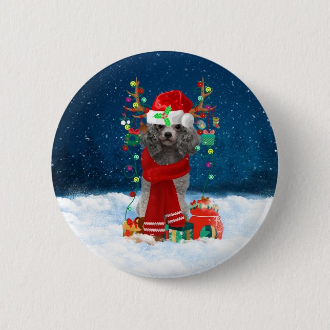 Macaron Rond 5 Cm Chien de caniche avec cadeaux de Noël  (Devant)