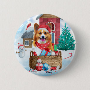 Macaron Rond 5 Cm Chien de Corgi dans la neige Maison de Chien de No