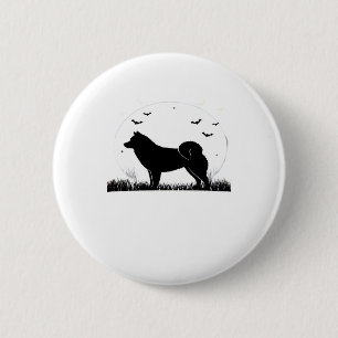 Macaron Rond 5 Cm Chien de Hokkaido � Silhouette de Lune d'Halloween