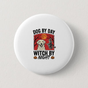 Macaron Rond 5 Cm Chien de Jour Sorcière de Nuit Vintage Halloween C