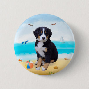 Macaron Rond 5 Cm Chien de montagne bernois sur la plage