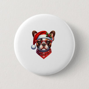 Macaron Rond 5 Cm Chien de Noël Français Chien de taureaux Santa Hat