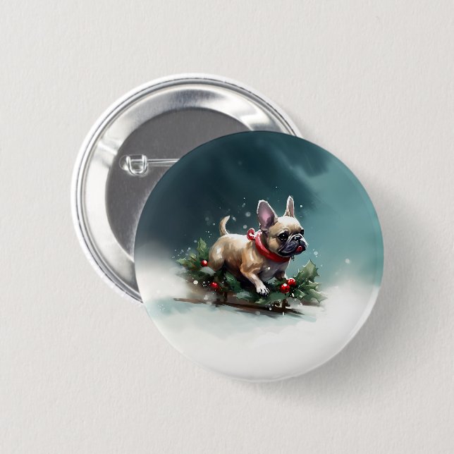 Macaron Rond 5 Cm Chien de Noël neige hiver (Devant & derrière)