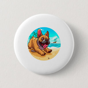 Macaron Rond 5 Cm Chien de taureau français sur une plage