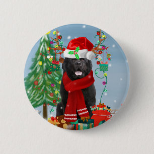 Macaron Rond 5 Cm Chien de Terre-Neuve avec cadeaux de Noël