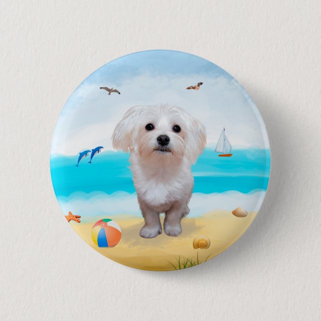 Macaron Rond 5 Cm Chien maltais sur la plage (Devant)
