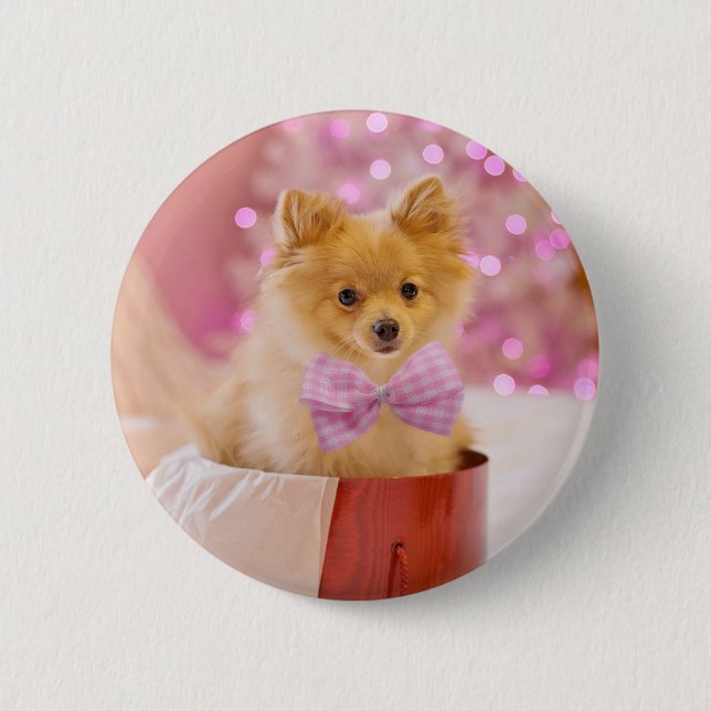 Macaron Rond 5 Cm Chien mignon avec cou rose Photographie de Noël (Devant)