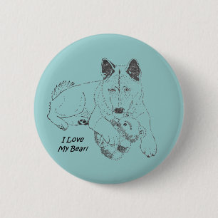 Macaron Rond 5 Cm Chien mignon d'akita et ours de nounours dessinant