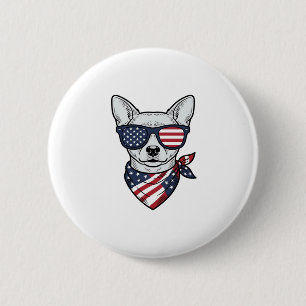 Macaron Rond 5 Cm Chien Patriotique avec Lunettes de Soleil Drapeau