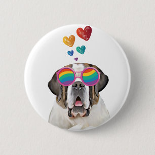 Macaron Rond 5 Cm Chien Saint-Bernard avec coeurs Saint-Valentin